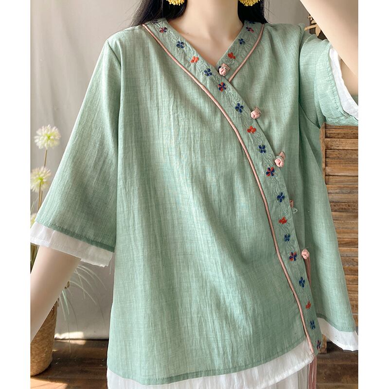 [Happiness series] ★China style shirt★ 5color embroidery tops ethnic style V neck retro green white purple yellow