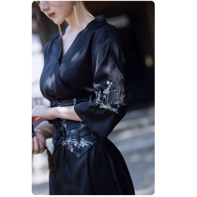 [Az Suna Series] ★Chinese style dress + obi★ Hanfu dress V neck S M L XL date girls' night out black black