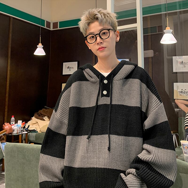 [NANSHI Series]★Sweater★ 2color Knit Parka Tops Unisex Men's Horizontal Stripes Striped Pattern Black Blue