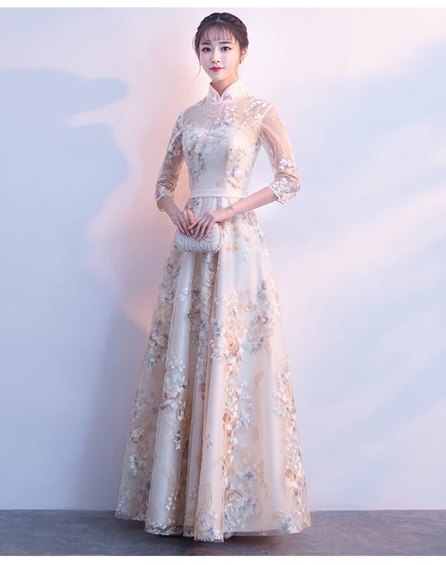 Party Dress, One Piece, Long Dress, After-Party, Wedding, Concert, Elegant, Chinese Style, Stand Neck, 3/4 Sleeve, Long Length, Maxi Length, Large Size, SML, XL, 2XL, Champagne, Embroidered