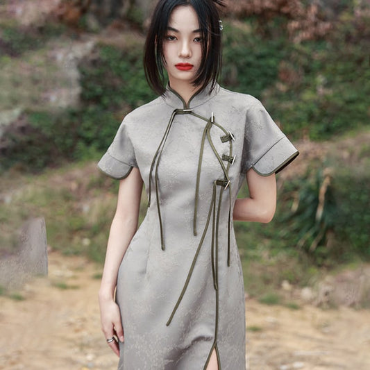 [Da Qinglong Shu Series] ★China style dress★ Improved cheongsam dress Color scheme Improves temperament Long length Silver gray