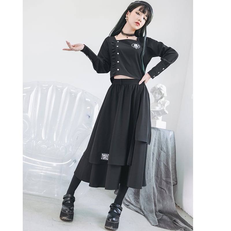 [Kokaisha---Eyeball Rose Series] ★Chinese style skirt★ Bottoms Chinese clothing S M L XL Easy to match Black Black Irregular