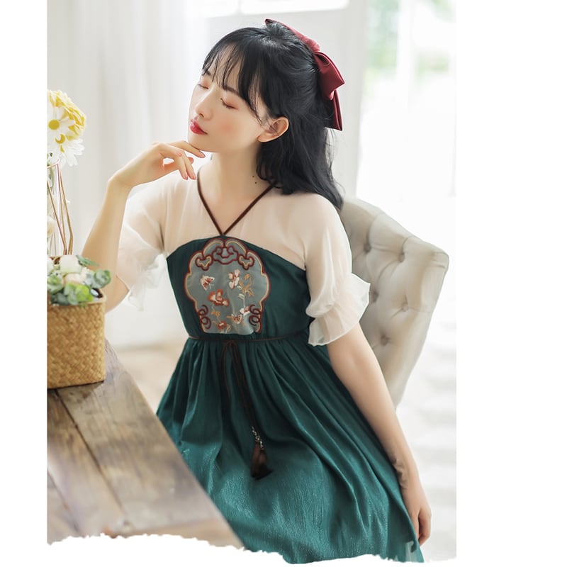 [Shogunsho series]★Hanfu dress★ Embroidery Casual wear Chiffon V-neck Green Green Coming-of-age ceremony SML XL Green Green