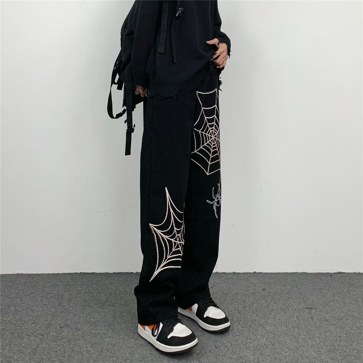 [MGJM Series]★Casual Pants★ Trousers Bottoms Denim Pants Unisex Men's Spider Black Black