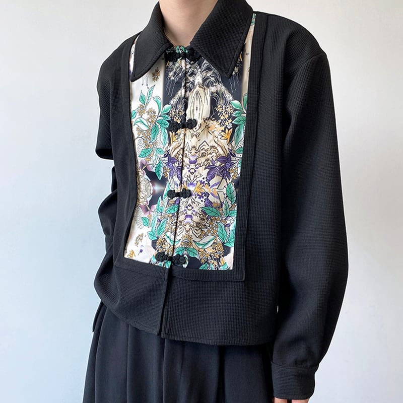 [Kai Chao Fubon Series]★China Style Shirt★ Tops Print China Button Unisex Chinese Clothes Black Black