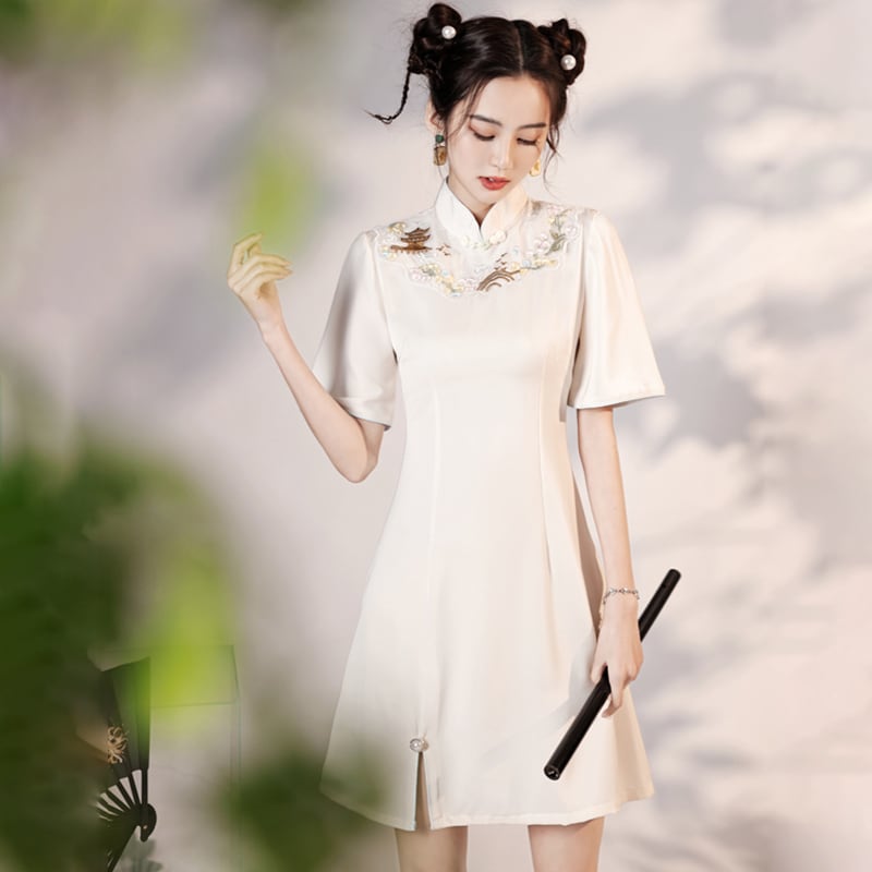 [YUEQIAO series] ★Cheongsam dress★ Short length embroidery Chinese style dress Chinese clothes White White