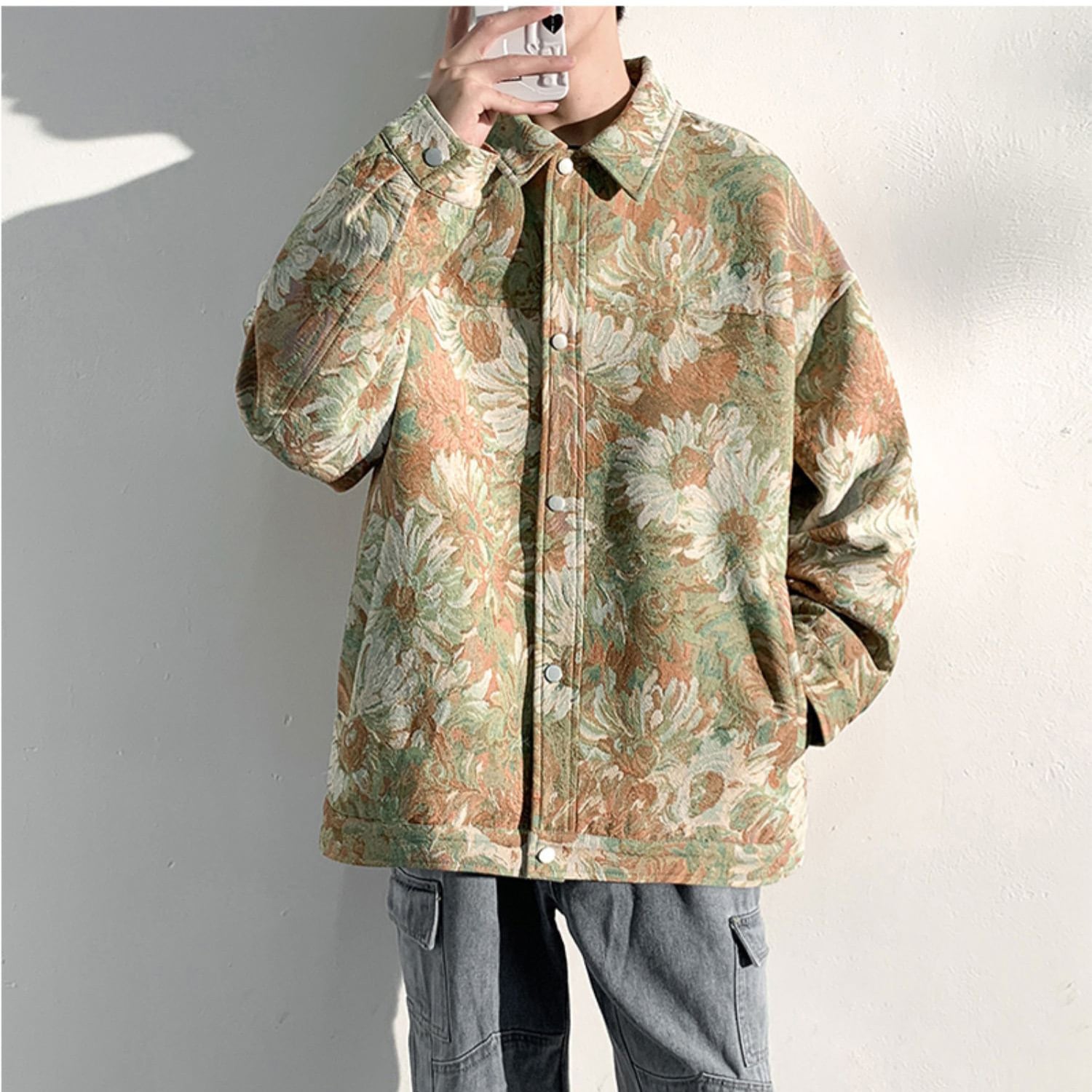 [KADISHOU Series] ★Jacket★ Outerwear 2color Oil Painting Style Floral Pattern Unisex Men's Large Size Blue Green