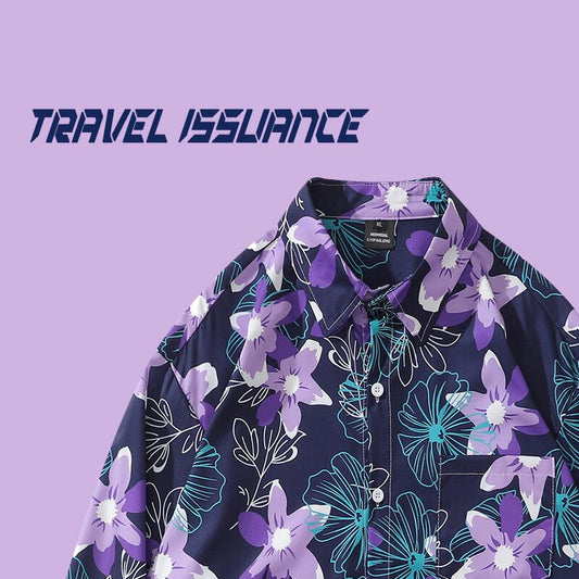 [TRAVEL ISSUANCE Series] ★Retro Shirt★ Oil Painting Style Shirt Floral Pattern Streetwear Harajuku Style Unisex Men's Purple Loose