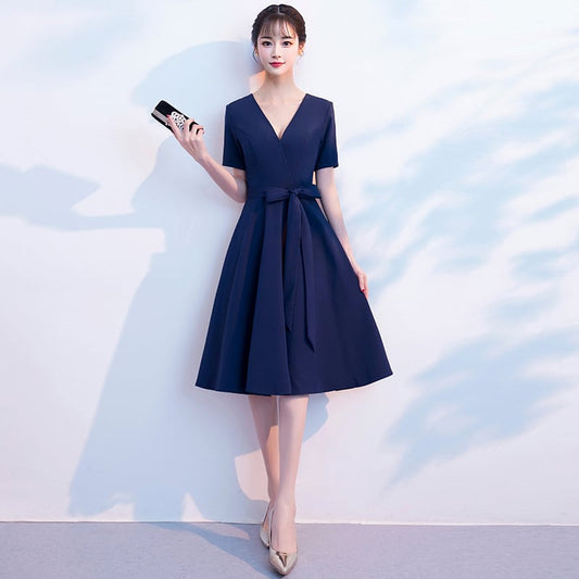 Party Dress One Piece Long Dress After-Party Wedding Concert Party Elegant V-neck Short Sleeve Long Length Plus Size XS SML XL 2XL 3XL Navy