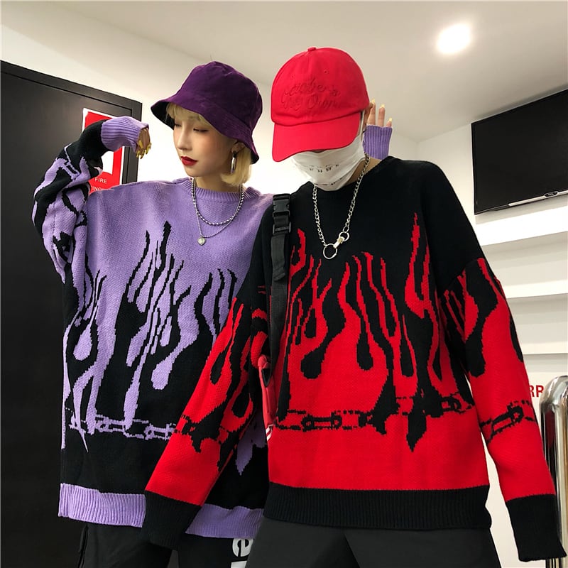 【OOTDstudioシリーズ】★セーター★ 2color トップス 炎 ほのお 炎柄 ニットトップス 男女兼用 メンズ レッド パープル