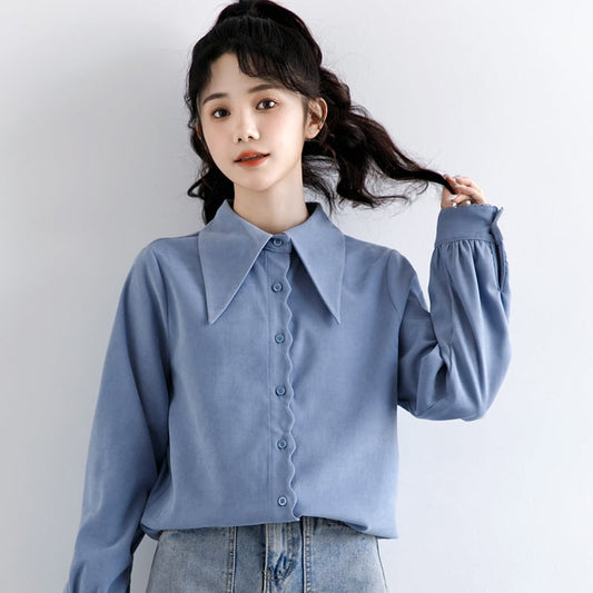 [WEIWU Series]★Shirt★ Tops Ladies Simple Commuting Easy to Match Blue Blue Standard Cute