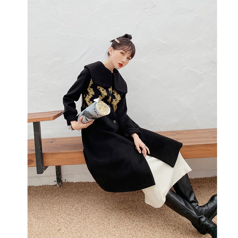 [First look series] ★China style coat★ Long coat outerwear coat cute black gold black SML