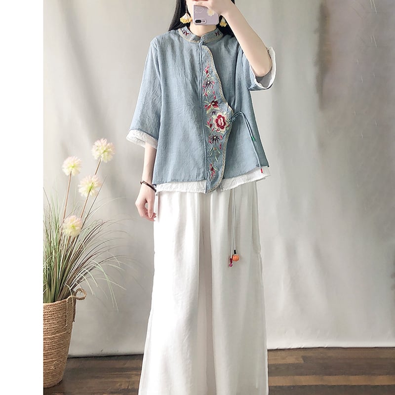 [Kofuku series] ★China style shirt★ 3color embroidery tops ethnic gray blue white pink