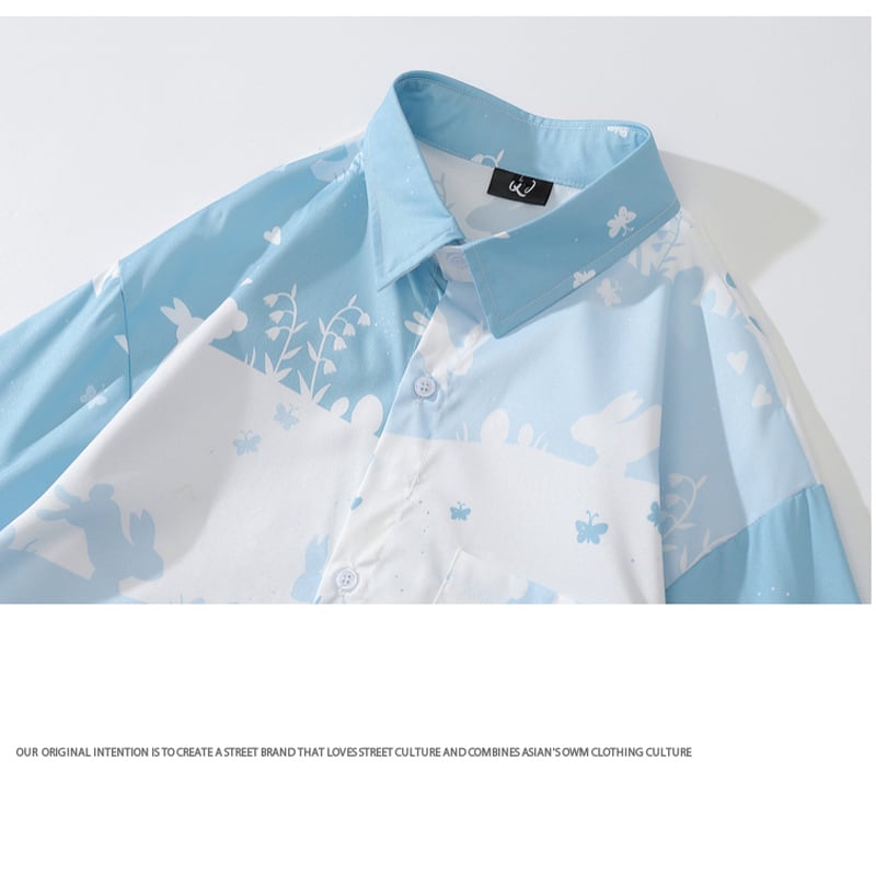 [MOISHE TIDE Series]★Shirt★ Tops Floral Pattern Long Sleeve Shirt Unisex Men's Print Blue White Cartoon