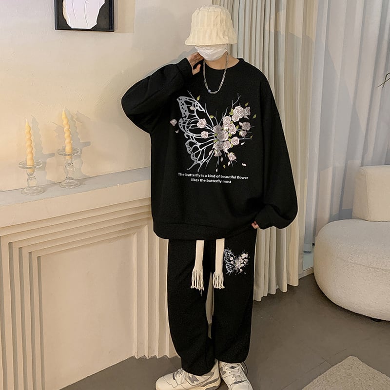 [Tetsusho Series]★Setup★ 4color 2-piece set Tops + pants Floral pattern Unisex Men's Large size White Black Gray