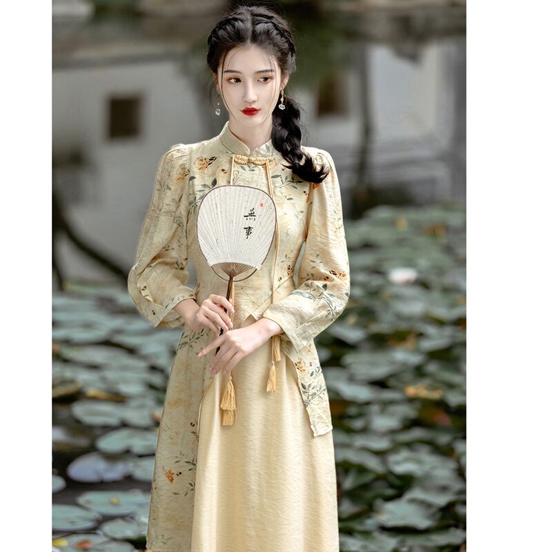 [Az Suna Series] ★Chinese style dress★ Chinese dress print switching SML XL Retro SML XL