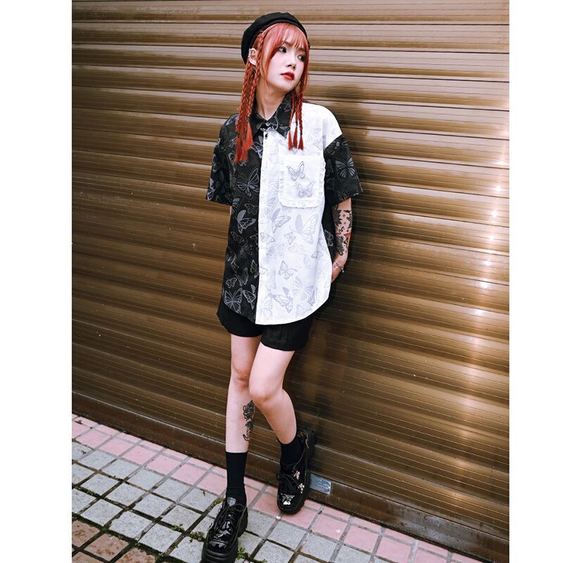 [Ancient monster house --- Butterfly series]★China style shirt★ Tops short sleeve shirt black black butterfly print color scheme