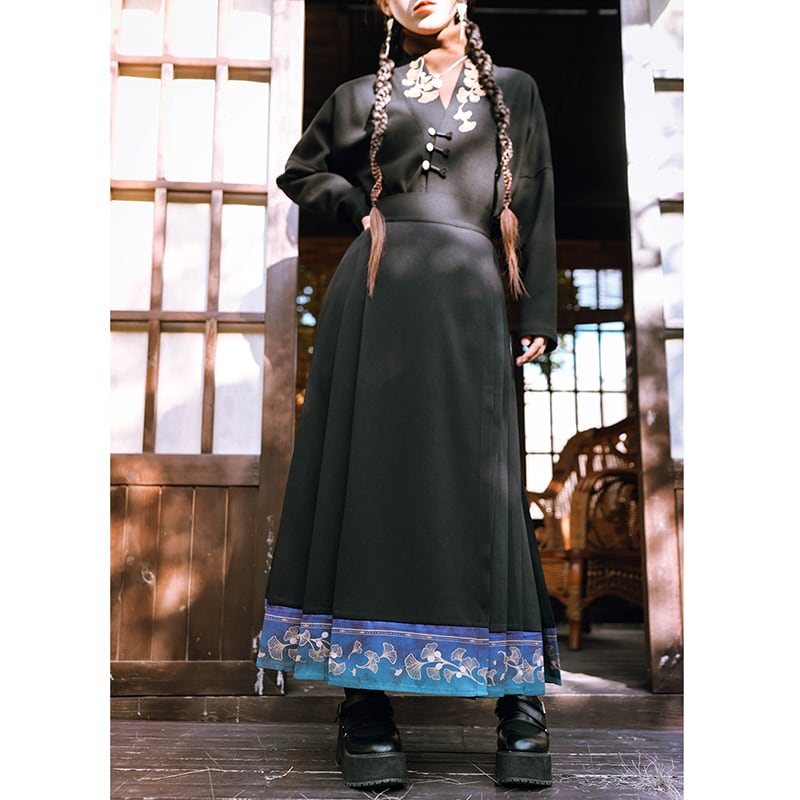 [Kokaisha --- Leaf Collection Series] ★Chinese style skirt★ Bottoms Hanfu skirt Switching Black Black