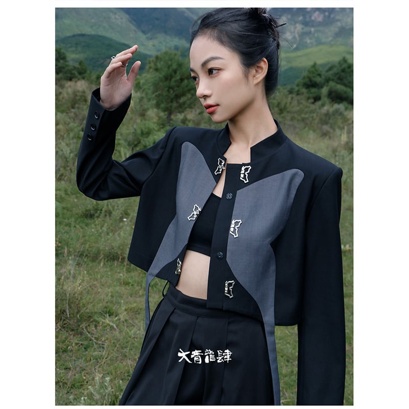 [Big Blue Dragon Series] ★China style outerwear★ Mini length Butterfly design Original black gray color scheme