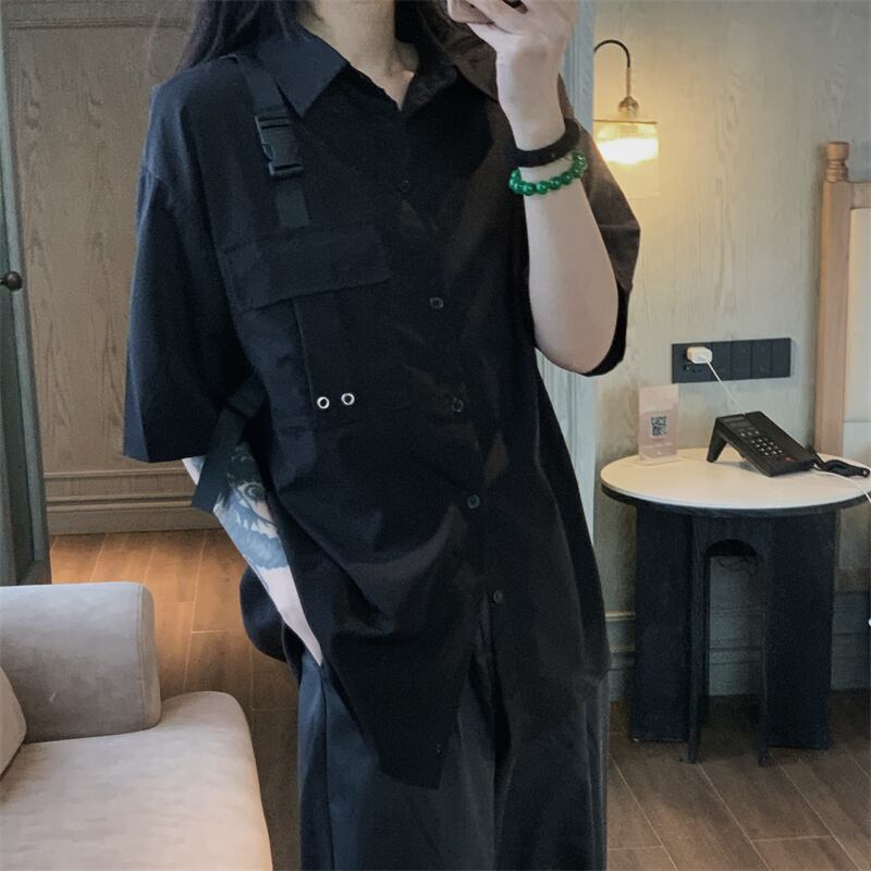 【MGJMシリーズ】★シャツ★ トップス 半袖シャツ 男女兼用 メンズ M L XL シンプル 黒 ブラック 夏服