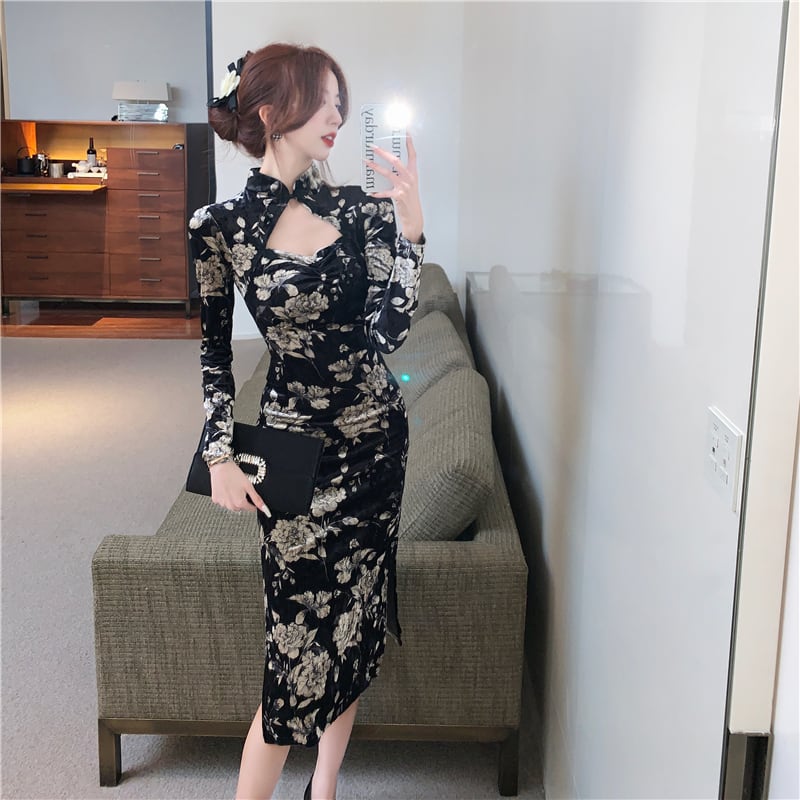 [Hundred Minute Eight Series] ★Floral pattern cheongsam★ Velvet, slimming, sexy, black, black SML, easy to match