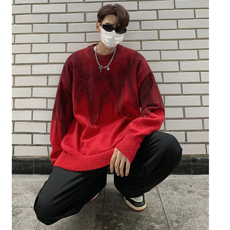 [NANSHI Series]★Sweater★ 3color knit tops Unisex Men's Star pattern Color scheme White Black Red