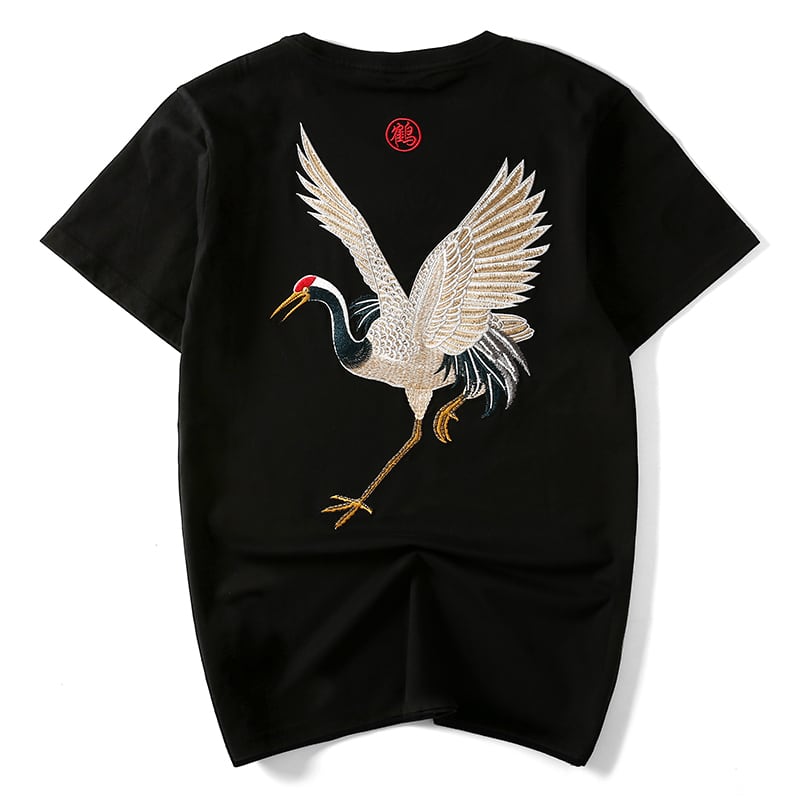 [JPYZ Series]★China style T-shirt★ 2color tops unisex men's crane embroidery black white cotton