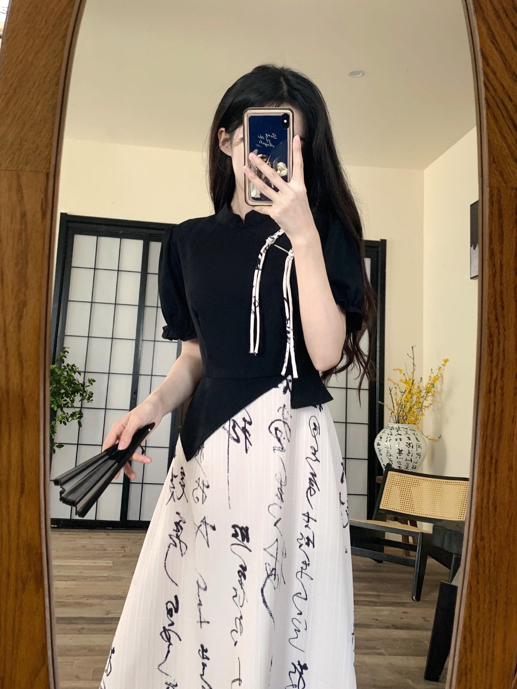 【DONGXIAOJIEシリーズ】★チャイナ風ワンピース★ 文字柄 リボン 夏服 フェイクレイヤード 大きいサイズ 着痩せ