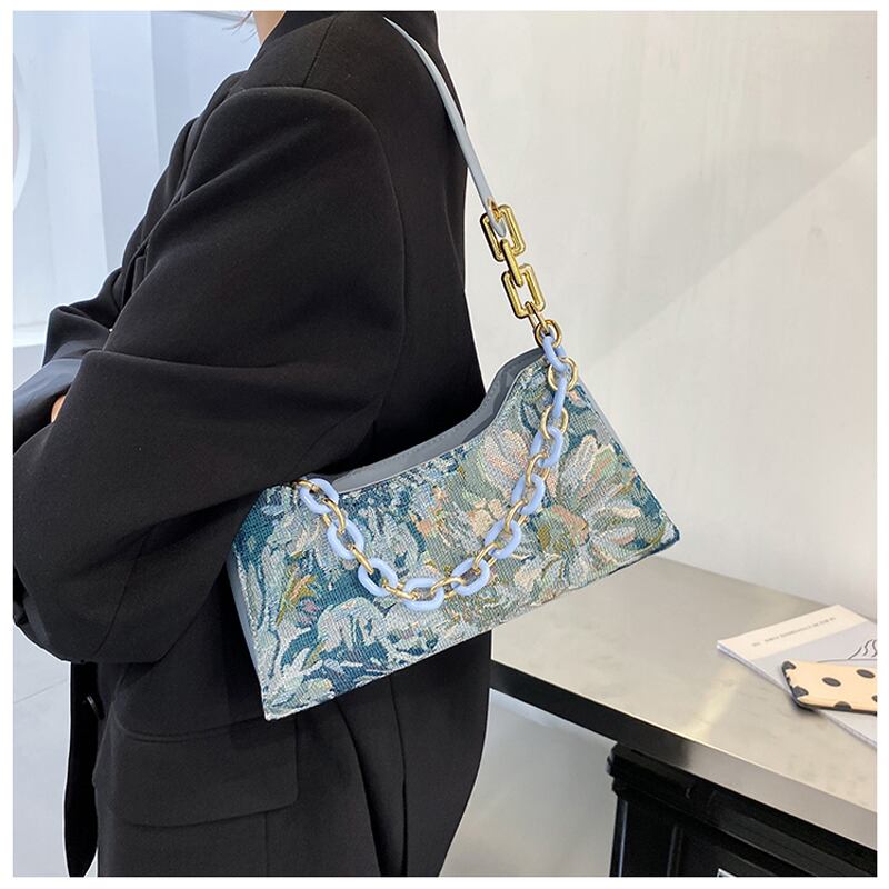 [ANDCICI Series] ★China style bag★ Oil painting style 2color floral pattern cute date commuting OL office blue green