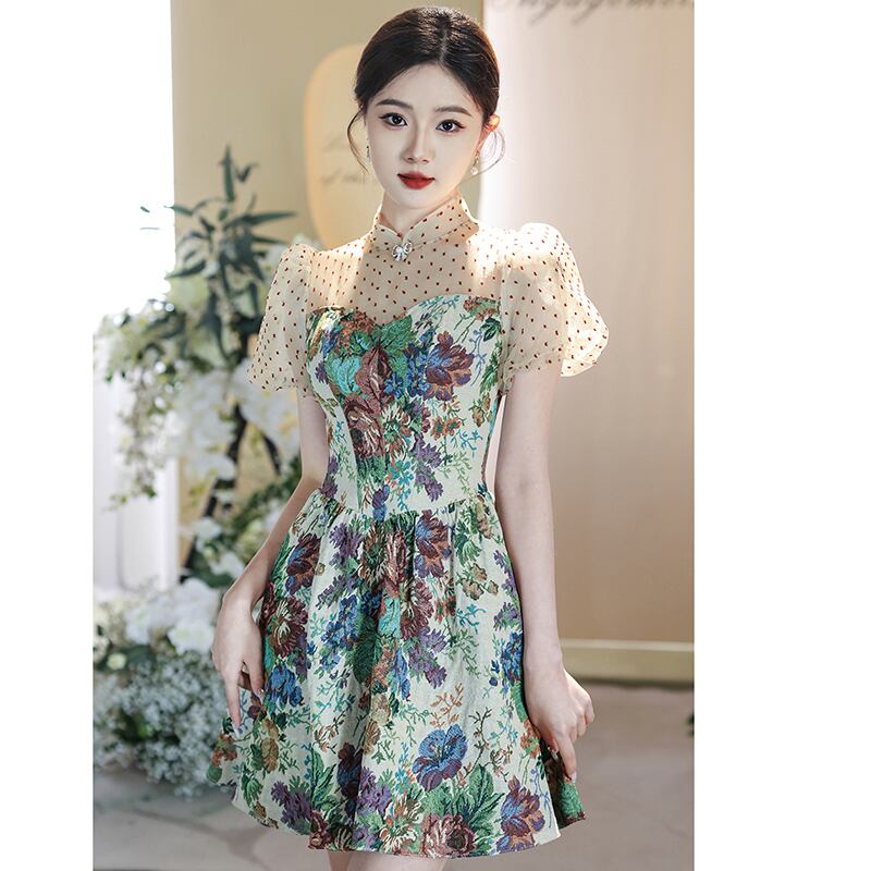 [WEIXIU Series] ★Party Dress★ One Piece Switching Floral Pattern Dot Pattern Short Length Cute Wedding