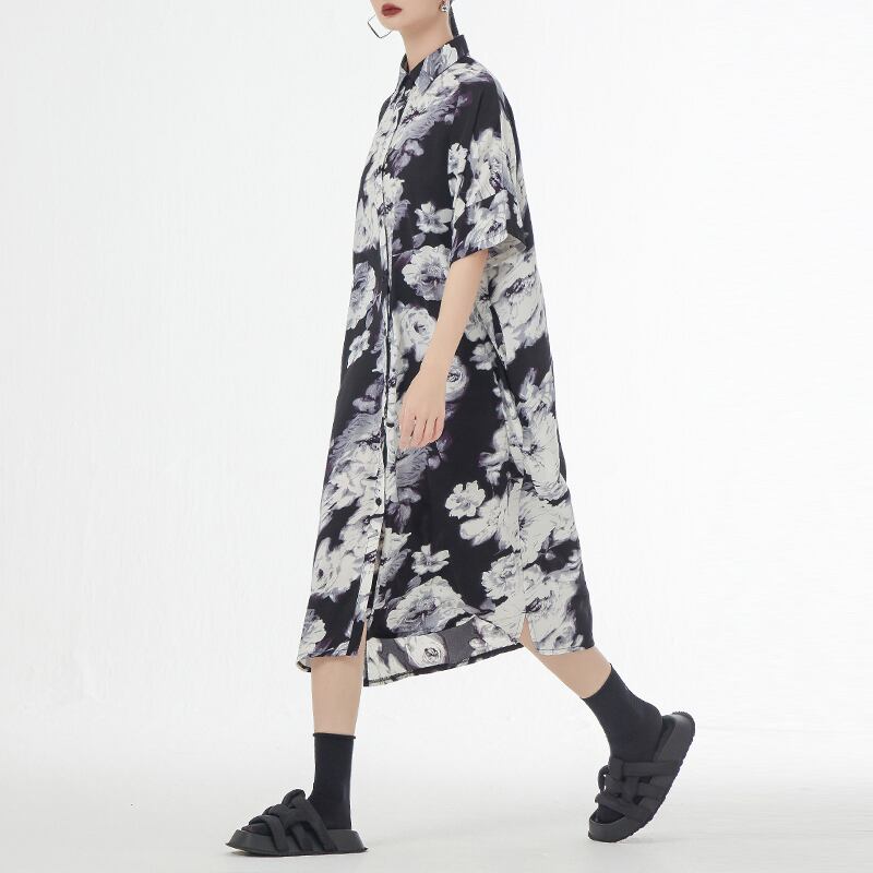 [YIDAO Series]★Shirt dress★ 2color long shirt print retro floral pattern loose casual summer clothes