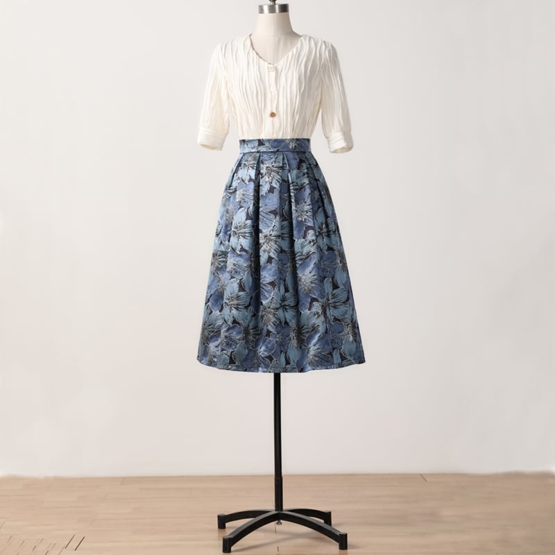 [MOERBEN Series]★Skirt★ Bottoms Floral pattern skirt Oil painting style Blue Blue High waist Cute