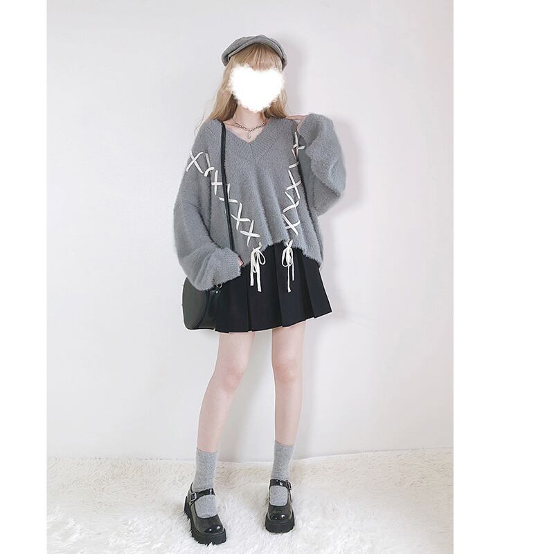 [Nekogan Series]★Sweater★ 2color Black or Gray Tops V-neck Fluffy Loose Black Date Cute