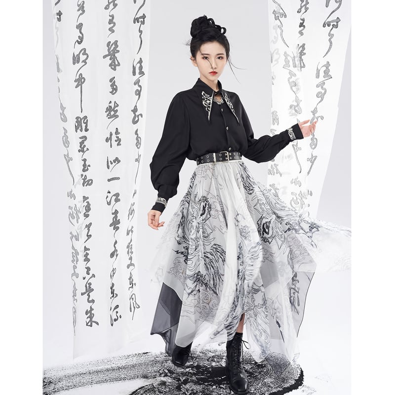 [Kyoto series]★China style skirt★ 2color bottoms chiffon irregular cute easy to match white black