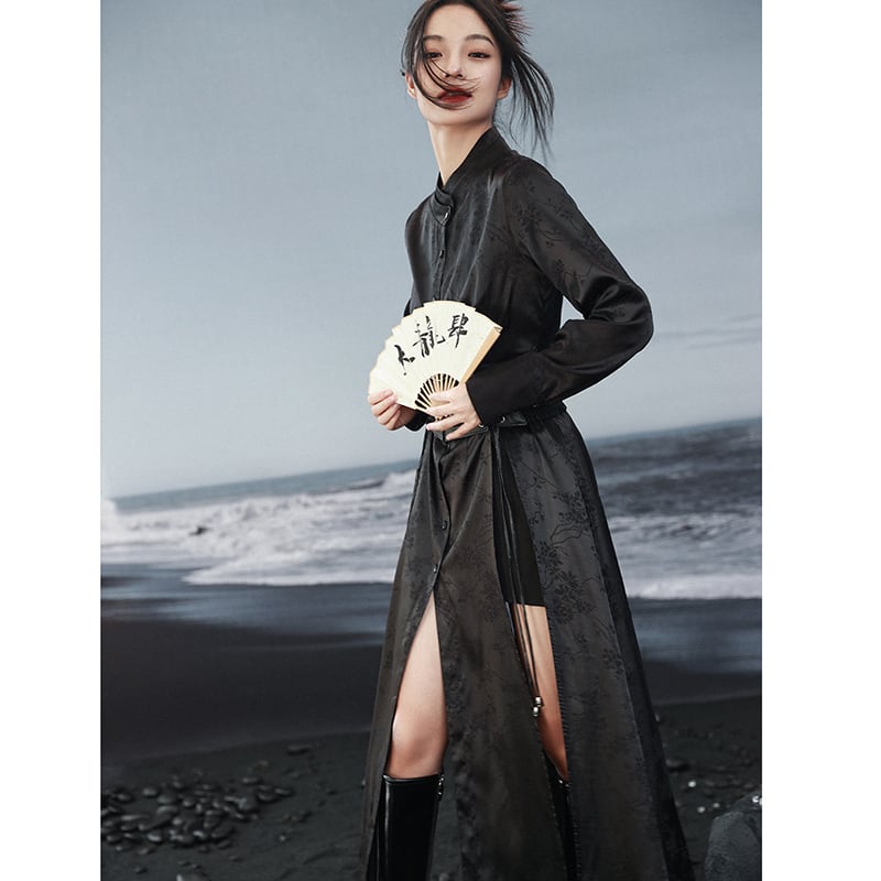 [Big Blue Dragon Series]★China style shirt★Long length shirt slit original black black slimming fashionable