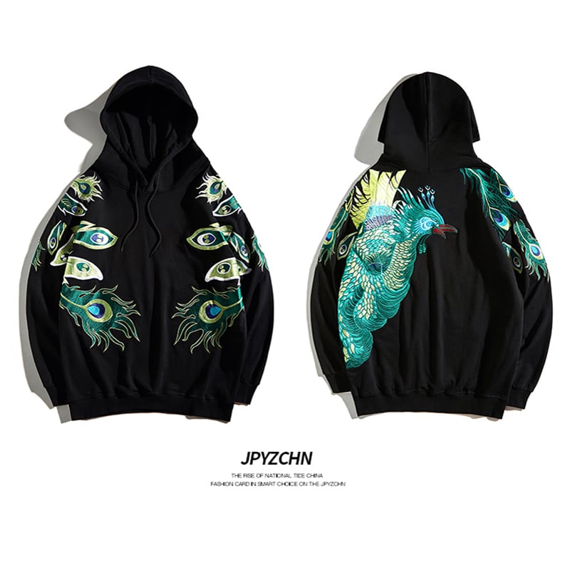 [Machiha clan series] ★Embroidery Chinese style hoodie★ 2color black or white peacock original cool