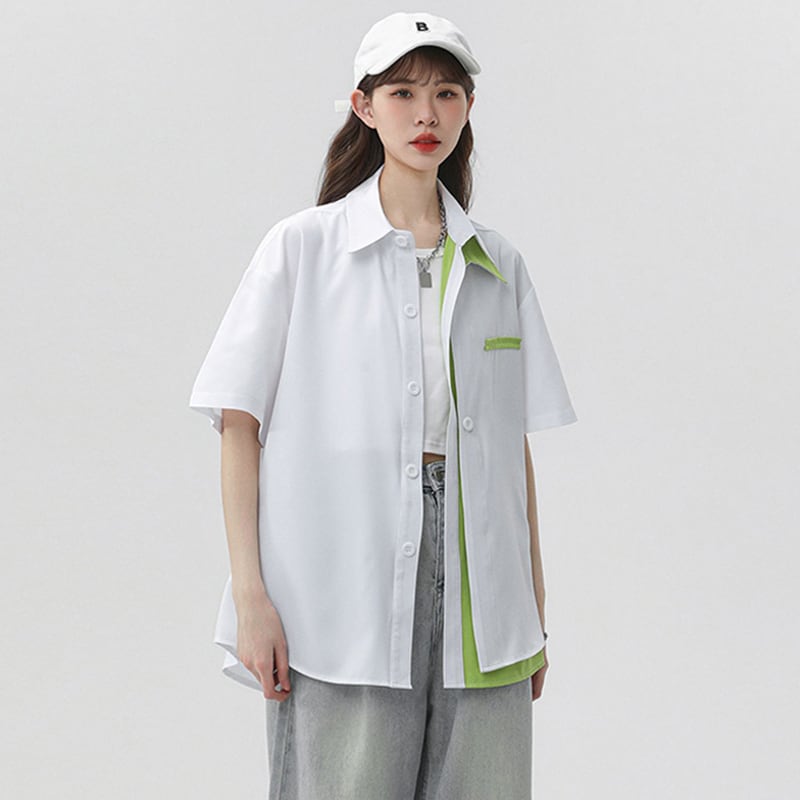 [Fujiiman Series]★Shirt★ Tops Unisex Men's Large Size Short Sleeve Shirt Faux Layered Double Collar