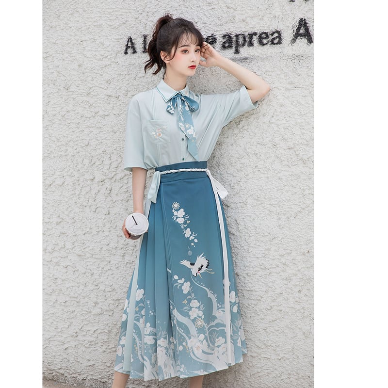 [Ikeka Series] ★Chinese-style setup★ Shirt + wrap skirt + ribbon Improved Hanfu Crane Blue Everyday Date Fireworks Festival