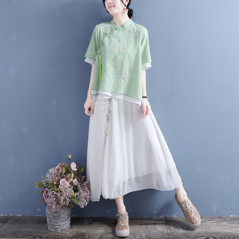 [Qing Series] ★Chinese style tops with decorations★ 4 colors cotton linen embroidery summer simple pink blue green white green