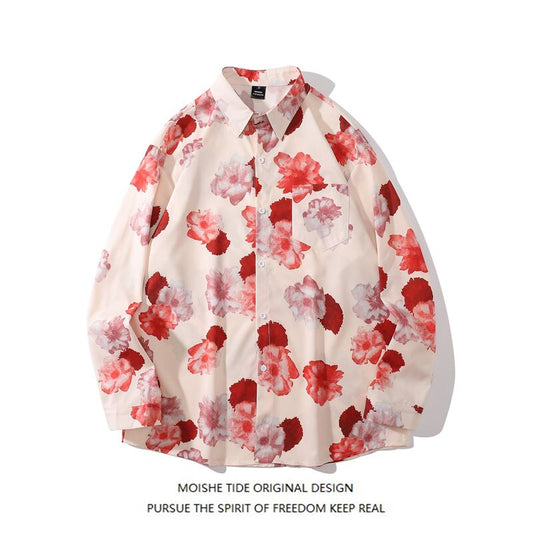 [MOISHE TIDE Series] ★Retro Shirt★ 2 Color Tops Printed Floral Shirt Unisex Men's Beige Black