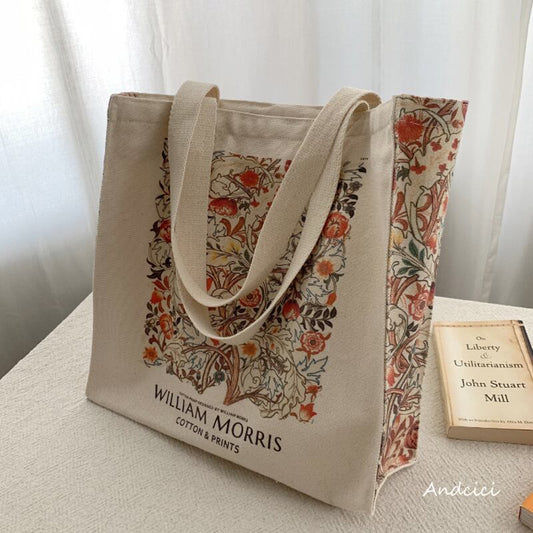 [Andcici Series]★Bag★ Tote bag, canvas bag, large capacity, date, floral pattern, oil painting style, commuting to work or school, beige, cute