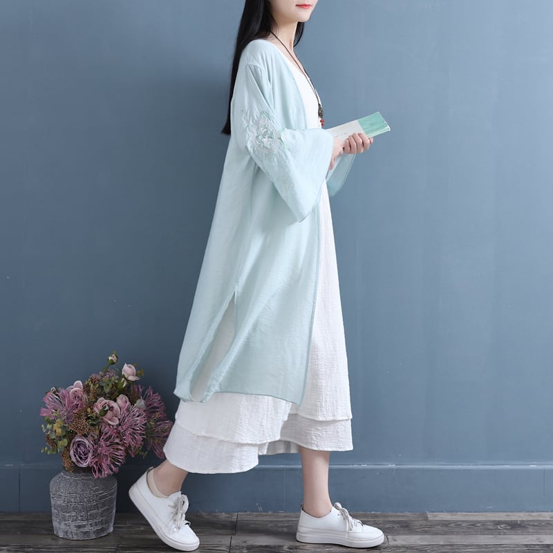 [Qing Series]★China style coat★ 4 colors chiffon long length thin speaker sleeve beige blue green purple white