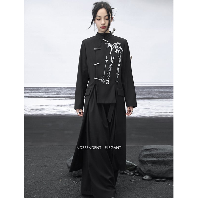 [Big Blue Dragon Series] ★China style outerwear★ Long length Kanji pattern embroidery irregular bamboo black black original