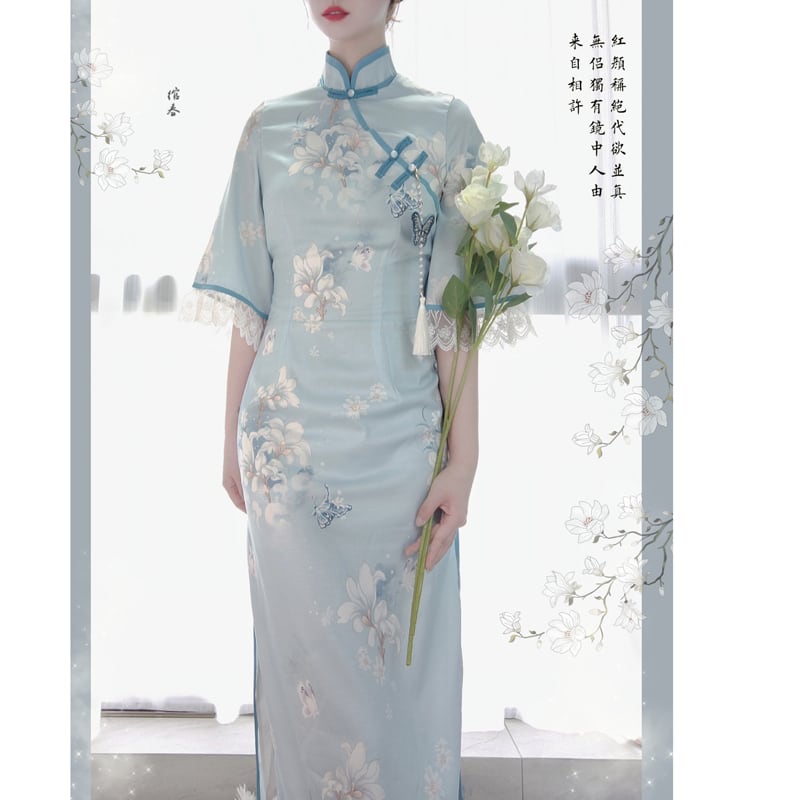 [Dust Smoke Cloud Dream --- Unlan Jade Nishiki Series]★China-style dress★Cheongsam dress, Chinese clothes, short sleeves, long length, butterfly ornament included