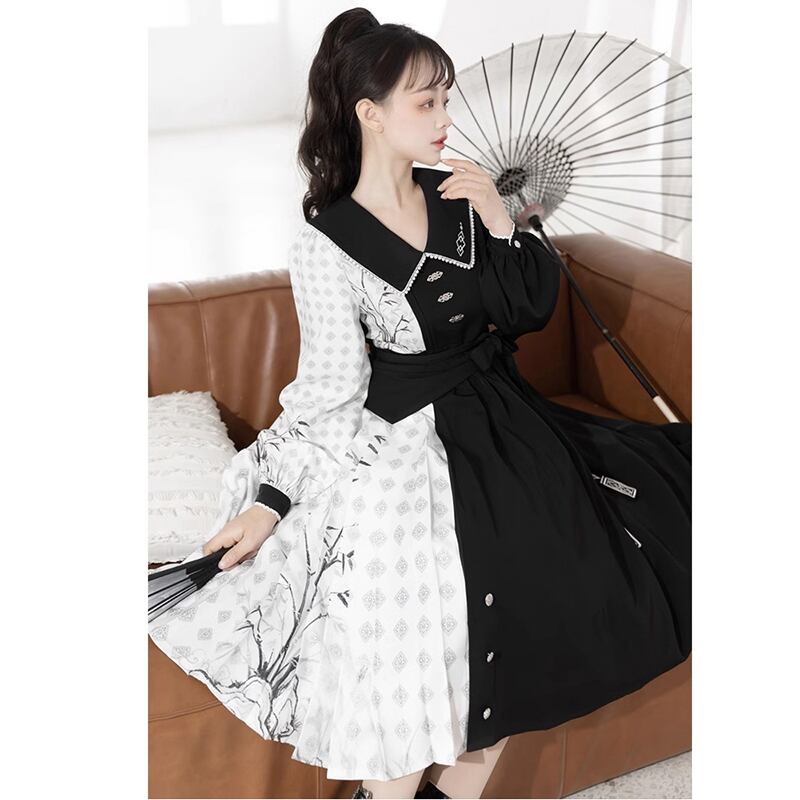 [Dust Smoke Cloud Dream---Boku Bamboo Series] ★Chinese style dress★ Long sleeve switching bamboo Chinese clothing Black Black SML Original Cute