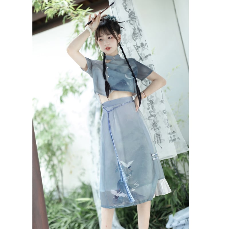 [Dust Smoke Cloud Dream---White Crane Visit Series] ★Chinese style skirt★ Chinese clothes, improved Han clothes, Han clothes skirt, crane, ink pattern