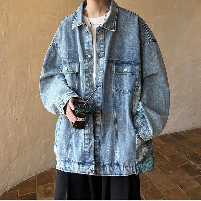 [HUICHUN Series]★Denim jacket★ 2color jacket oil painting style outerwear switching unisex men's large size