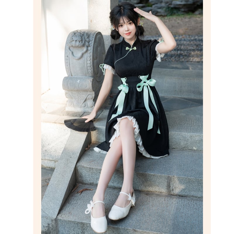 [Shukunsho Series] ★Chinese style dress★ Improved cheongsam dress Black Black Hanfu dress