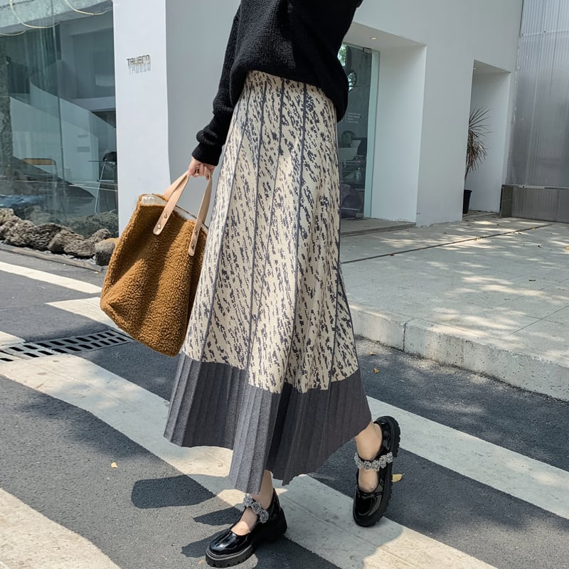 [Kaederin Series] ★Knit Skirt★ 3color Bottoms Slimming Elastic Waist Stylish Black Gray Light Brown