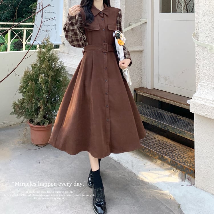 [Dong Xiaojie Series] ★Checked pattern dress★ Large size women's dress Coffee color Commuting Literary style